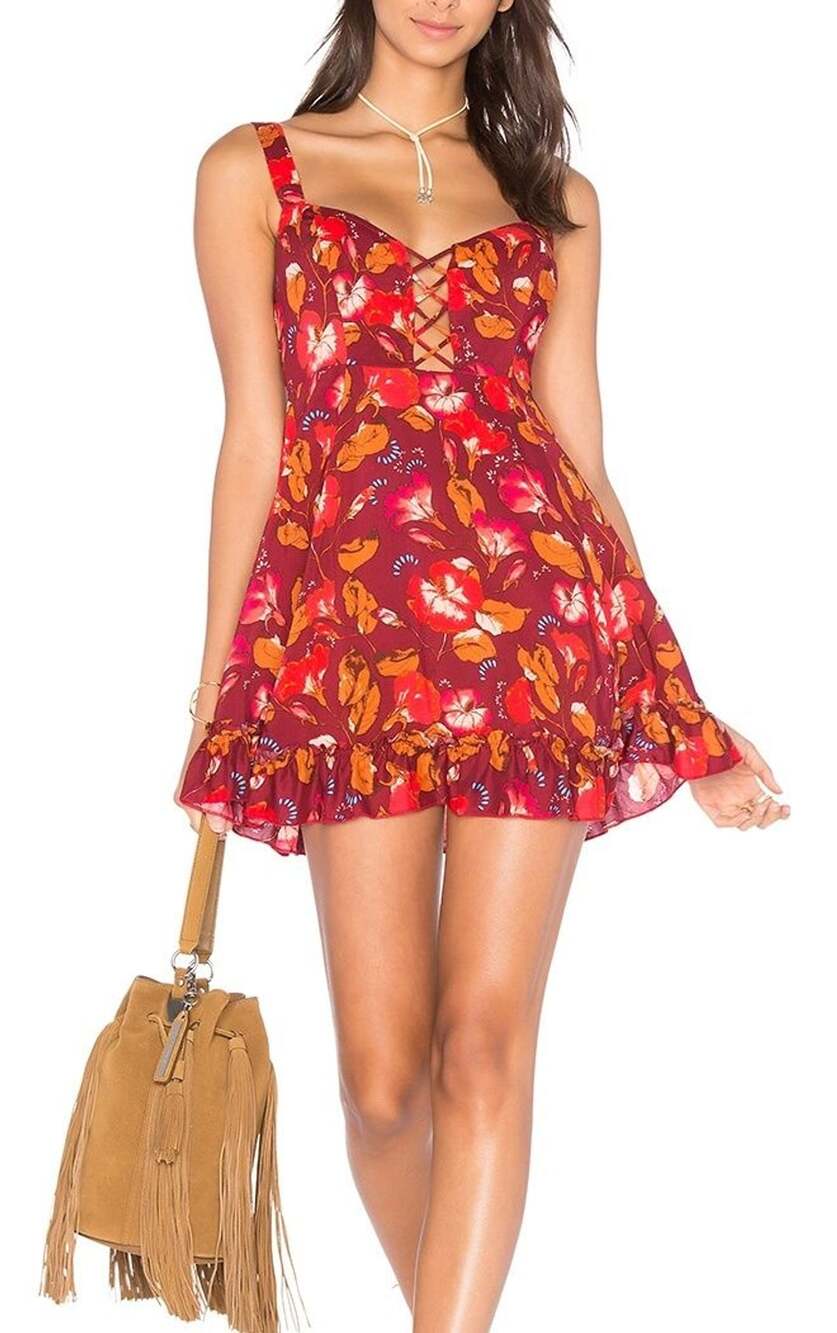 Free People Lattice Lovers Red Combo Floral Slip Dress XS